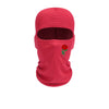 A solid red balaclava hat with a cutout for the face and a small red rose embroidery on the side.
