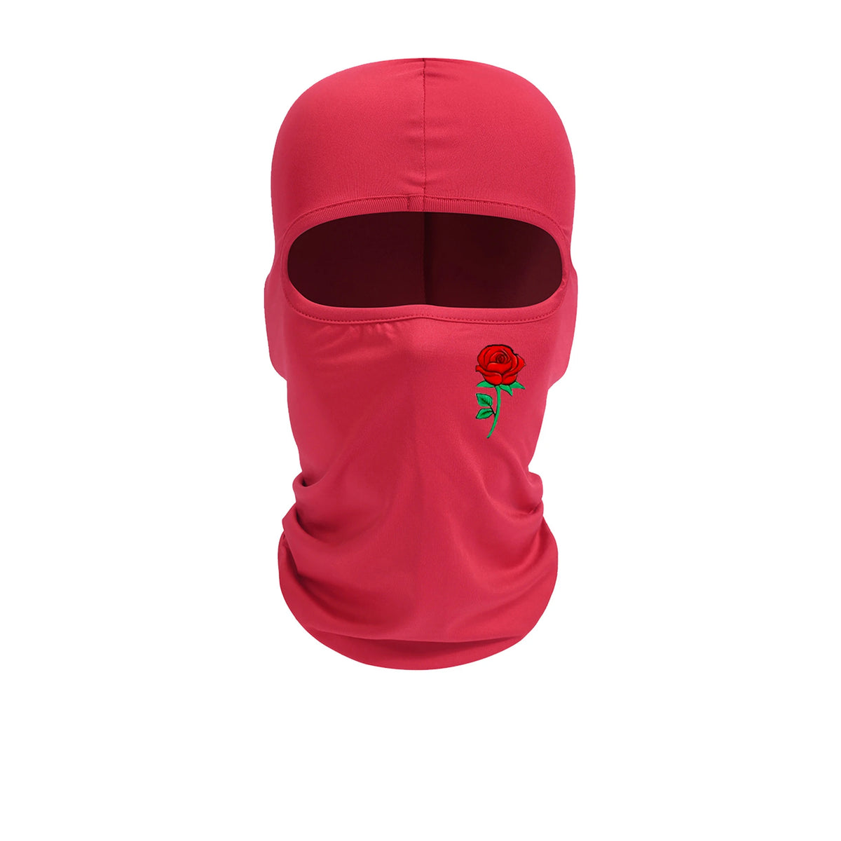 A solid red balaclava hat with a cutout for the face and a small red rose embroidery on the side.