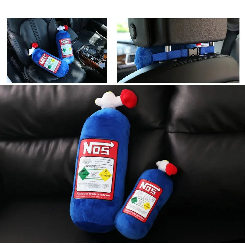 A blue nitrous oxide bottle shaped pillow set with a red nose, shown in various contexts.