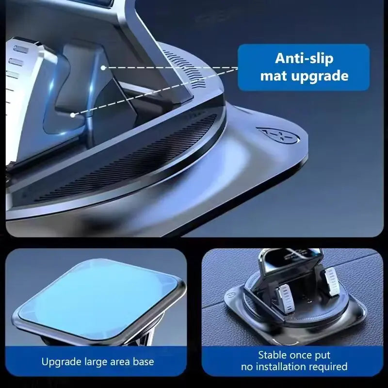 Close-up of a silver car phone mount showing anti-slip mat upgrade and a large area base for stable installation.