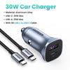 A silver UGREEN 30W car charger with a USB-C port and cable is shown.
