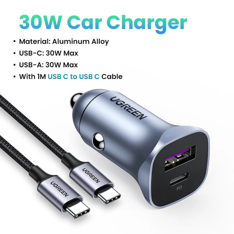A silver UGREEN 30W car charger with a USB-C port and cable is shown.