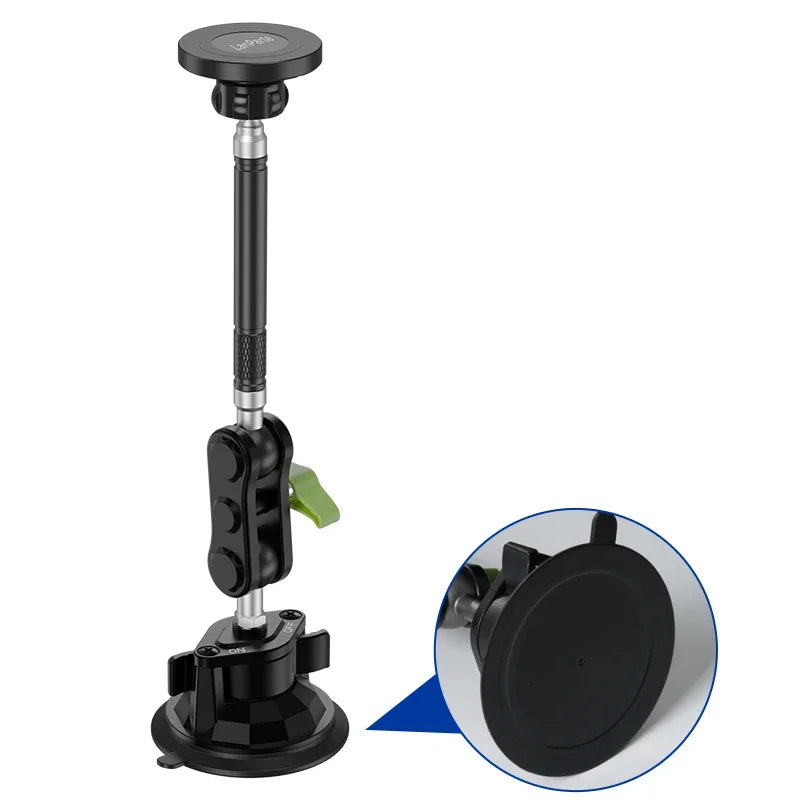 Support magnétique de téléphone noir avec base rotative et plaque de montage.