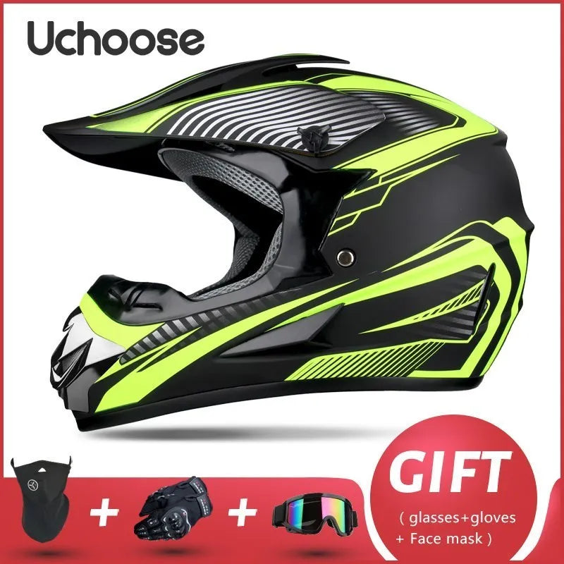 Casque de moto tout-terrain noir et jaune néon Uchoose avec accessoires.