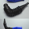A blue funnel tool is shown next to a black, coiled oil funnel.