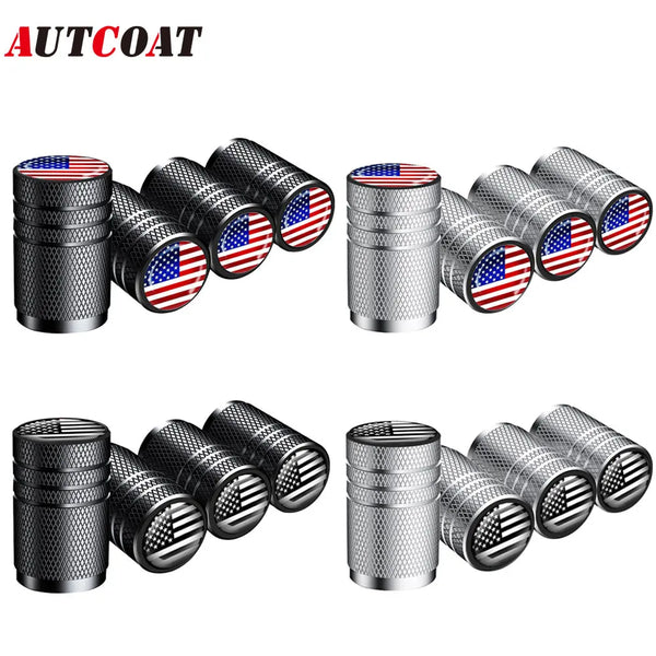 Set of four American flag aluminum tire valve caps with chrome finish