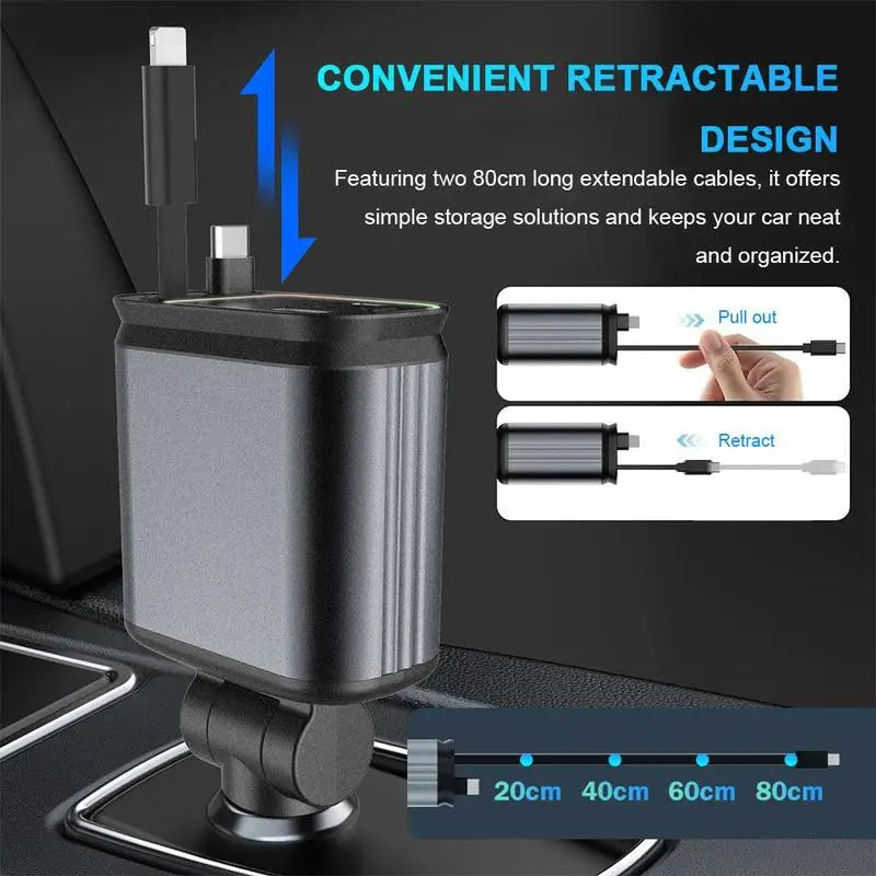 A close-up view of a black retractable car charger with an extendable cable, showing pull-out and retract features.