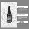 Bouteille de kit de réparation de fissures du pare-brise avec pipette noire et étiquette, à côté de descriptions de résine ép