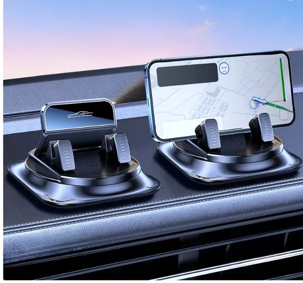A black 360° rotatable car phone mount with a smartphone displayed on the screen.