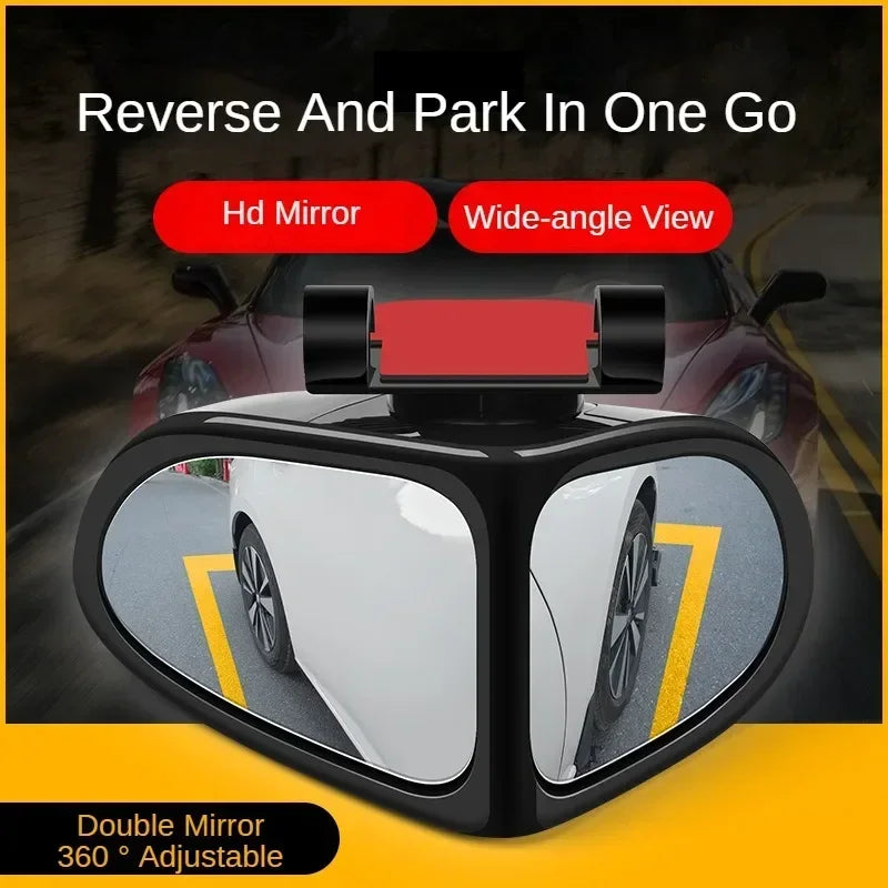 A double mirror device used for reversing and parking, featuring a wide-angle view and 360° adjustable functionality.