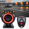 A black cat-shaped portable car security alarm with a red LED light and a remote control is shown on a display.