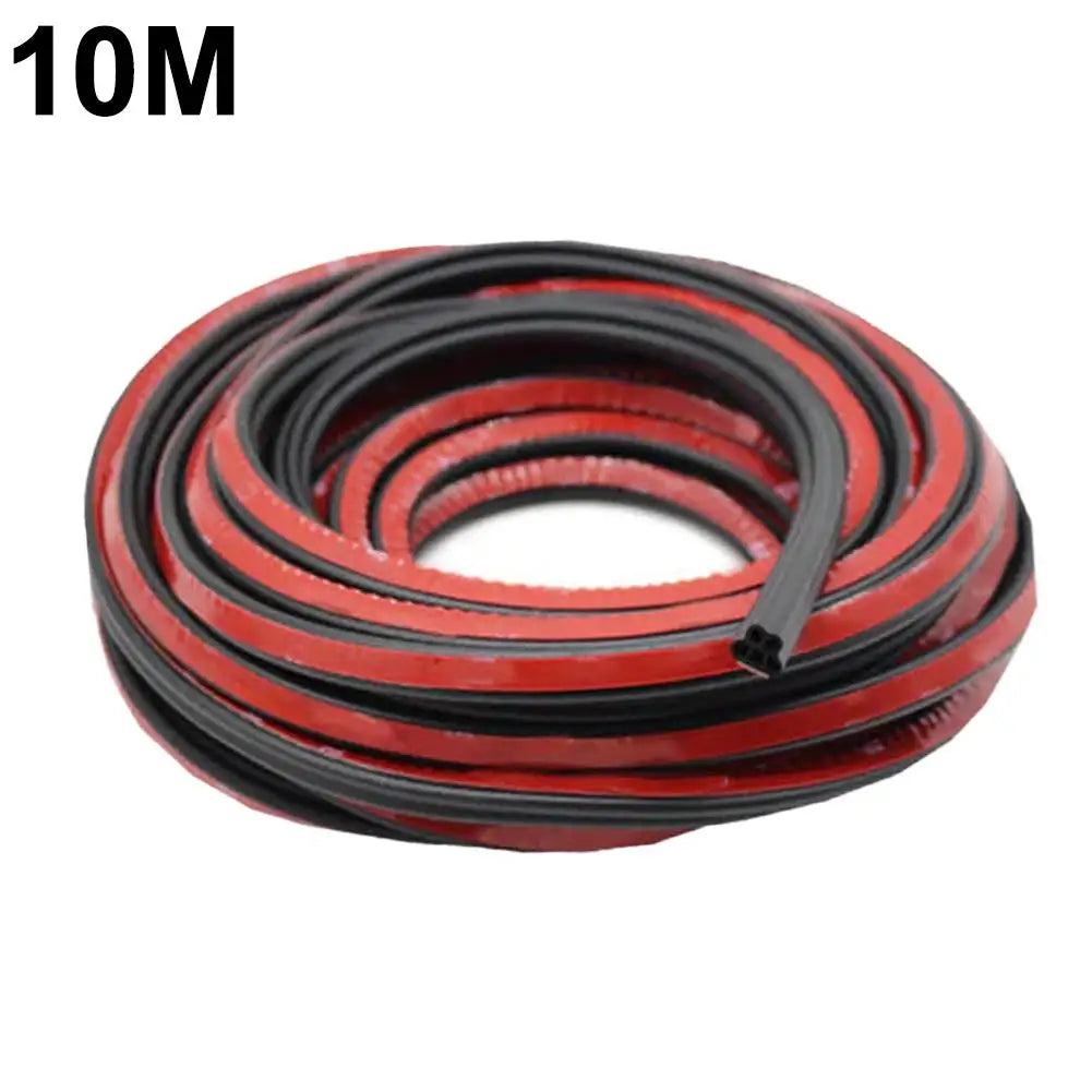 A roll of black and red rubber weather stripping for car door seals.