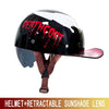 Black motorcycle helmet with red lettering and a retractable sunglass lens attached