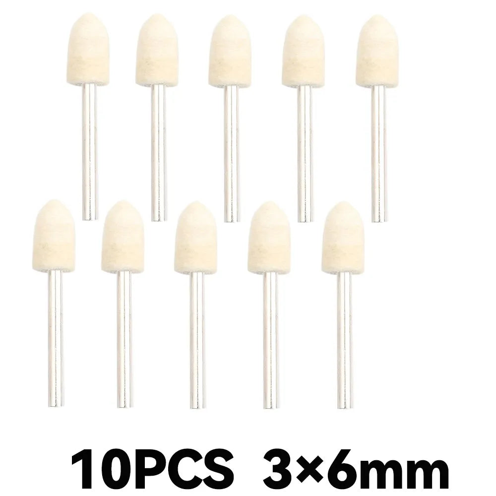 Ten pieces of beige wool felt polishing buffing wheels with metal shafts.