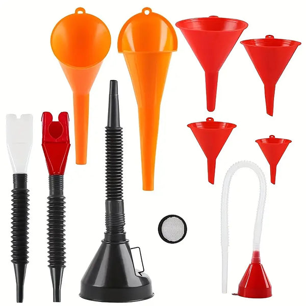 Un juego de embudos multiuso para coche naranja y rojo, con varios tamaños y una herramienta de embudo de silicona.