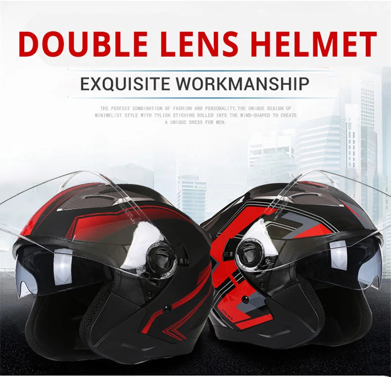 A pair of black and red double lens helmet for men with exquisite workmanship shown against a blurred city background.