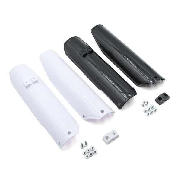 Motorcycle front fork guard kit showing black and white protective covers and mounting hardware