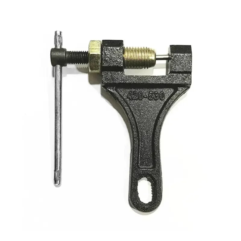A black universal chain breaker tool with a metal rod and a threaded mechanism.