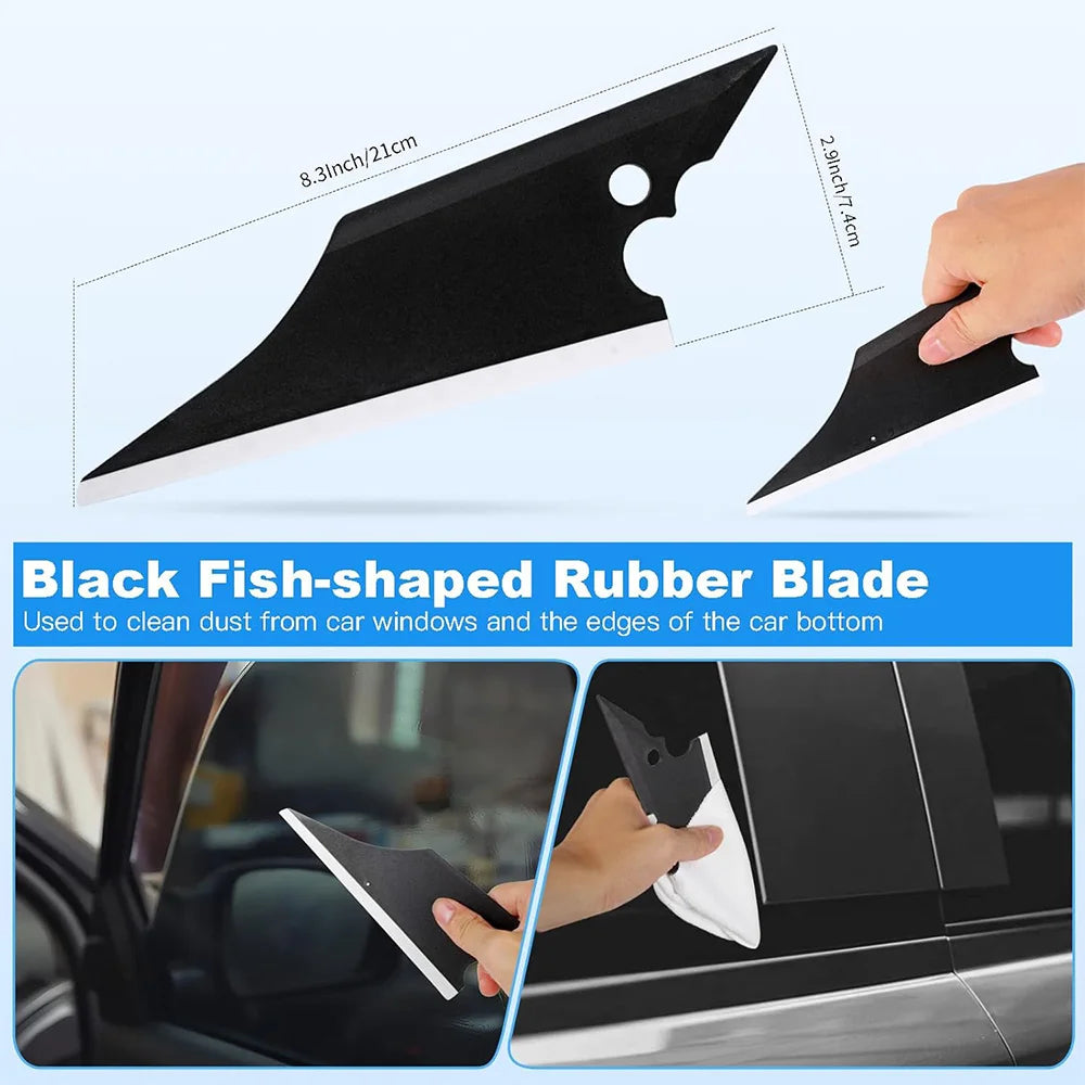 Black fish-shaped rubber blade used to clean dust from car windows and the edges of the car bottom