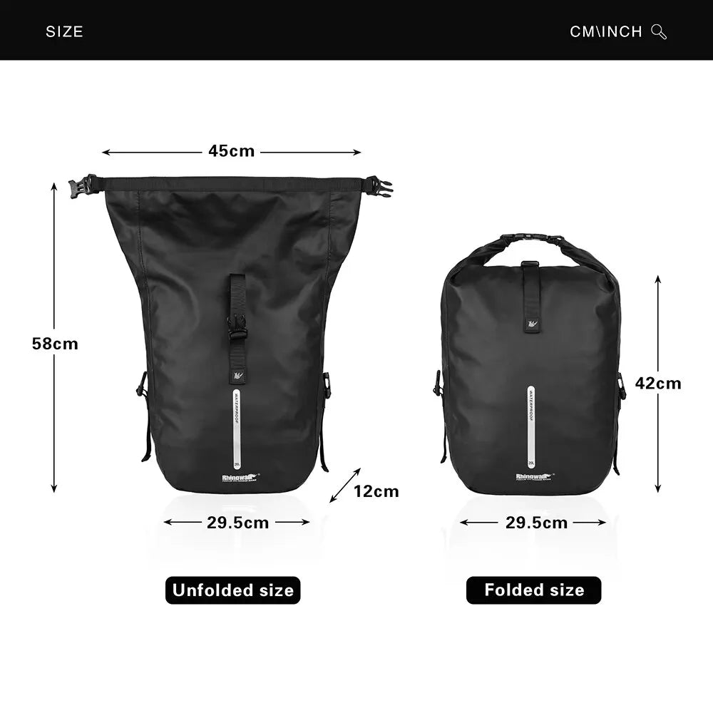 Black foldable waterproof bike pannier bag shown with dimensions and comparison to unfolded and folded sizes.