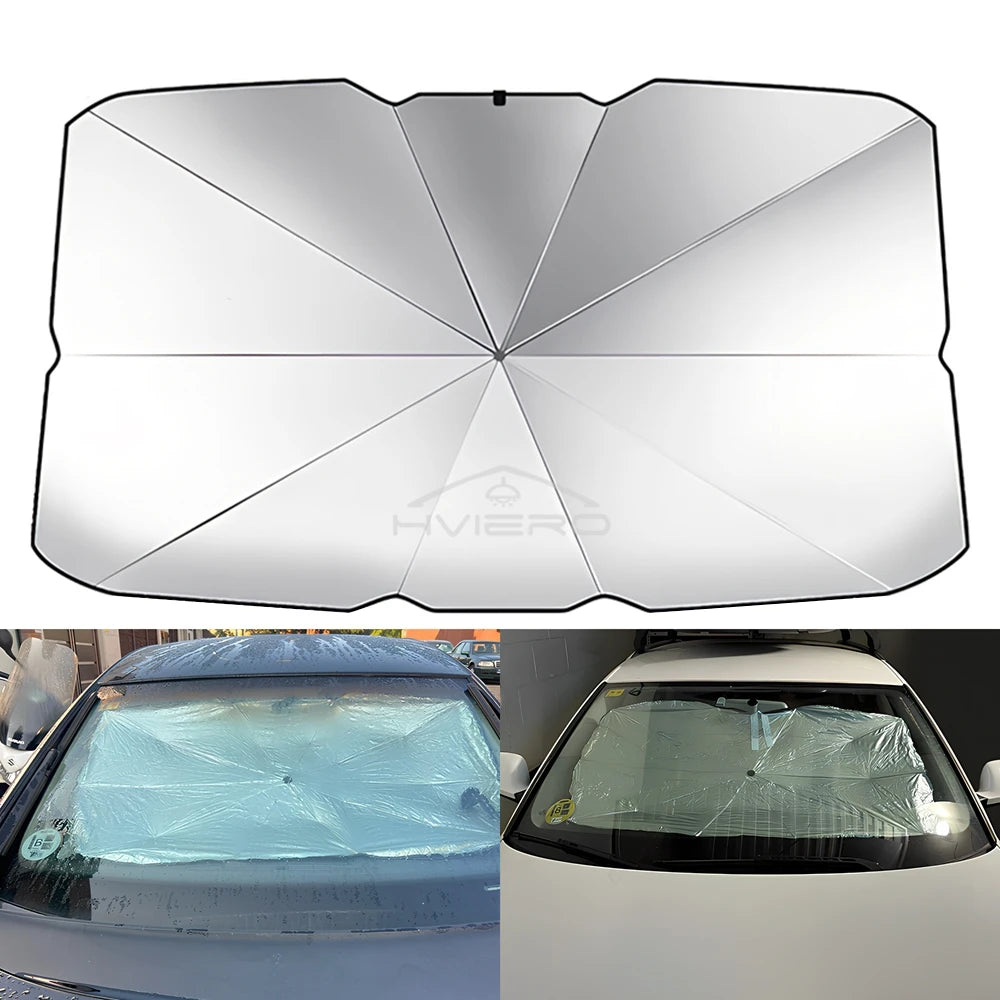 Pare-soleil de voiture argenté pliable, déployé et installé sur le pare-brise.
