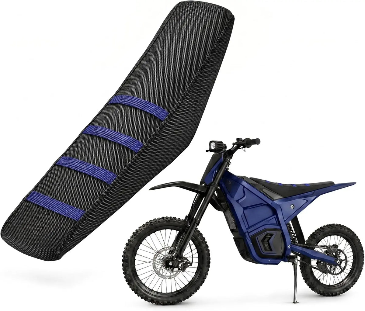 A black waterproof non-slip seat cover for an e-bike is shown next to the bike.