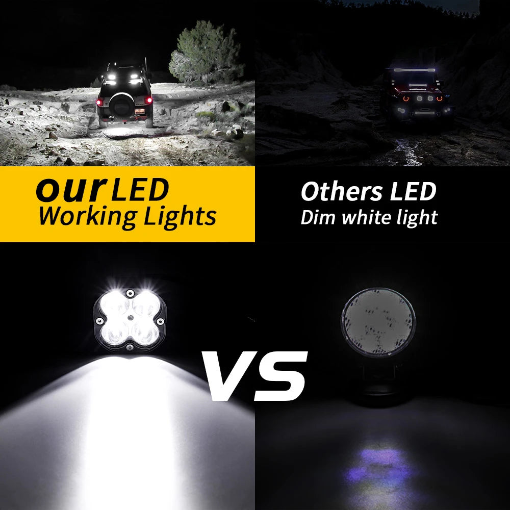 Comparación de nuestras luces LED de trabajo frente a otras luces blancas tenues.