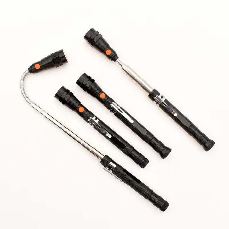 A set of three 360° flexible magnetic LED flashlights with black and orange accents.