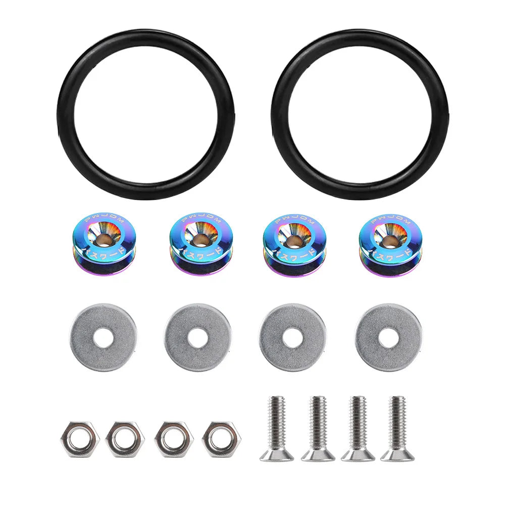 Set of black aluminum bumper fixation clips and various sized metal bolts for auto repair