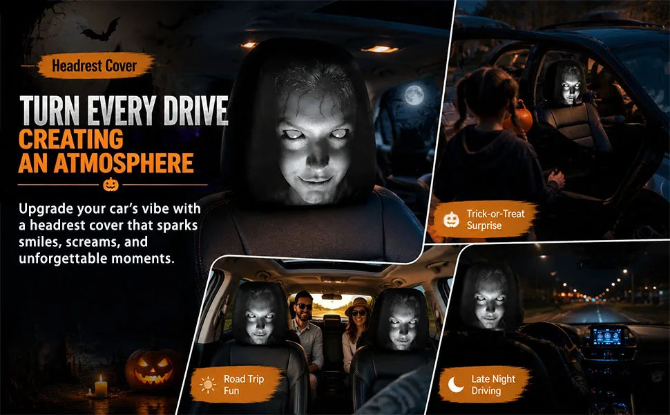 Fundas para asientos de coche con diversas expresiones y contextos de conducción como pedir dulces o manejo nocturno
