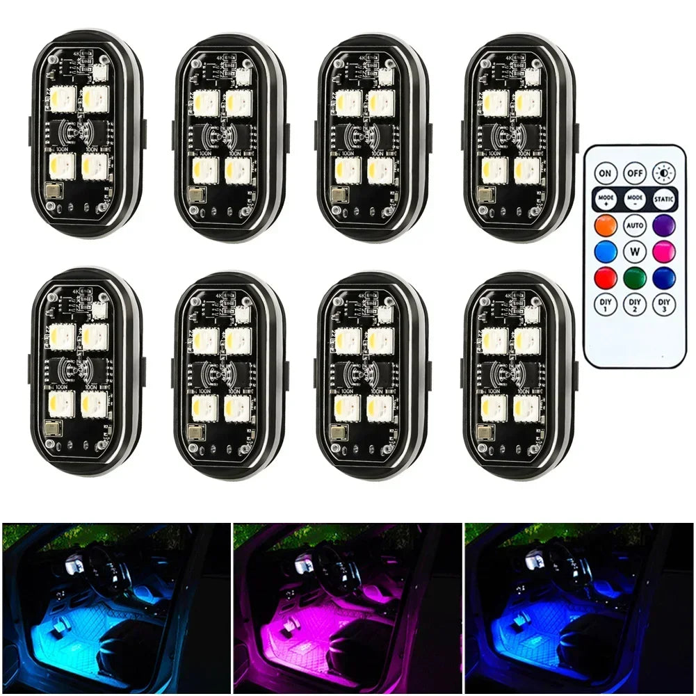 A set of multi-mode RGB strobe warning lights for vehicles and drones shown in various orientations.