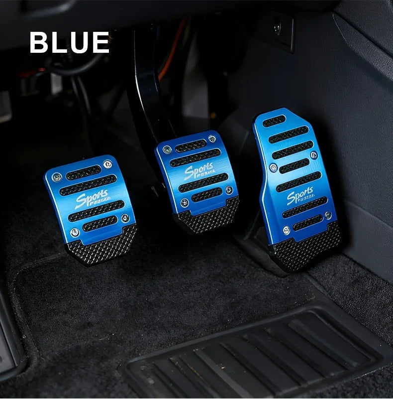 Blue sports pedal covers for a car interior, shown in a close-up view.
