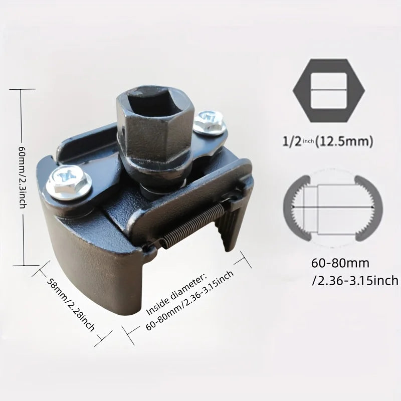 A black adjustable oil filter wrench with serrated jaws and a hexagonal opening, shown with dimensional markings.