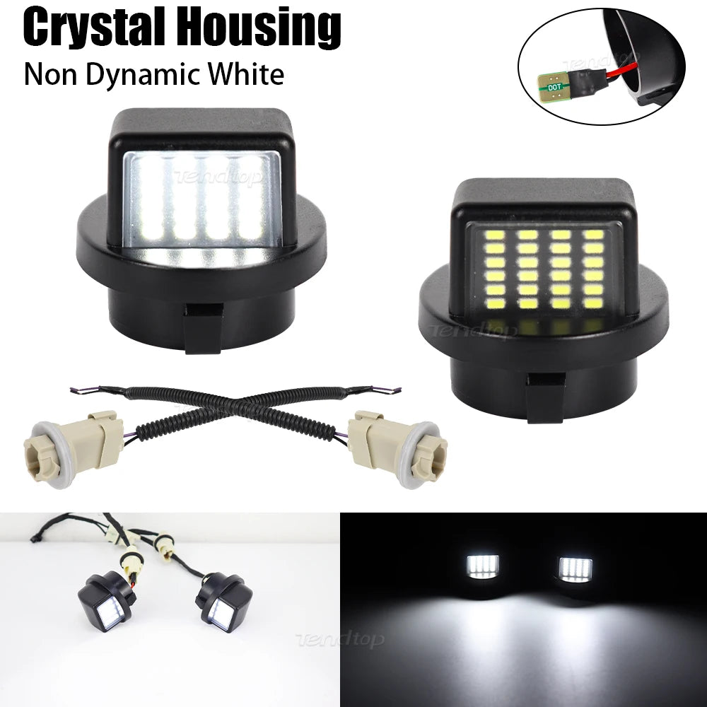 A set of non-dynamic white LED license plate lights for trucks and SUVs shown in various configurations.