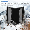 A black motorcycle number plate cover protecting a motorcycle in snowy and icy conditions.