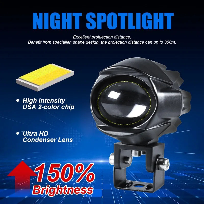A black spotlight with a lens is shown against a blue background, highlighting its 150% brightness and projection distance.