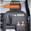 Diamond storage bag in a dark gray luxury car seat back organizer with various compartments