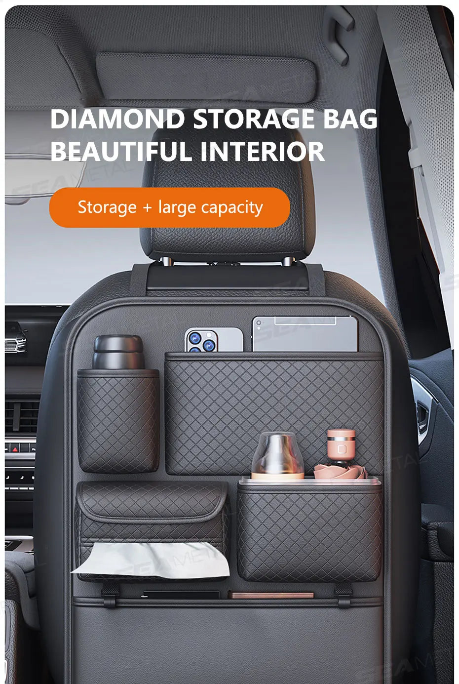 Diamond storage bag in a dark gray luxury car seat back organizer with various compartments