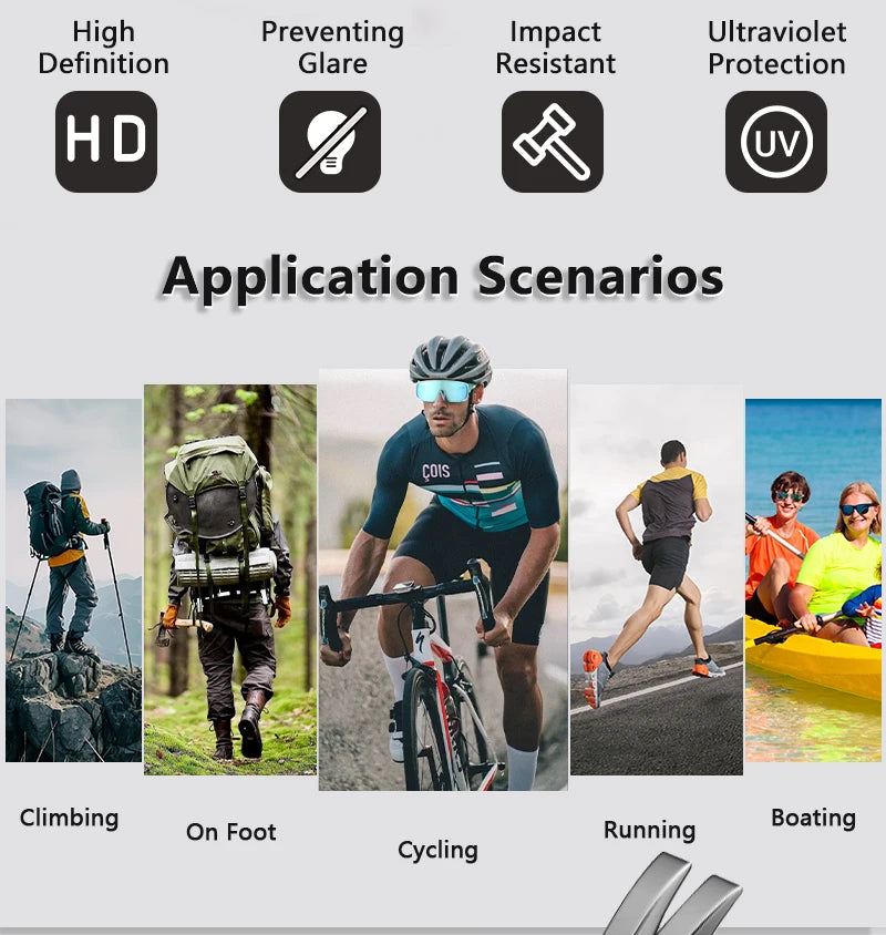 A set of durable motocross and cycling goggles shown with various application scenarios like climbing, cycling, running, and 