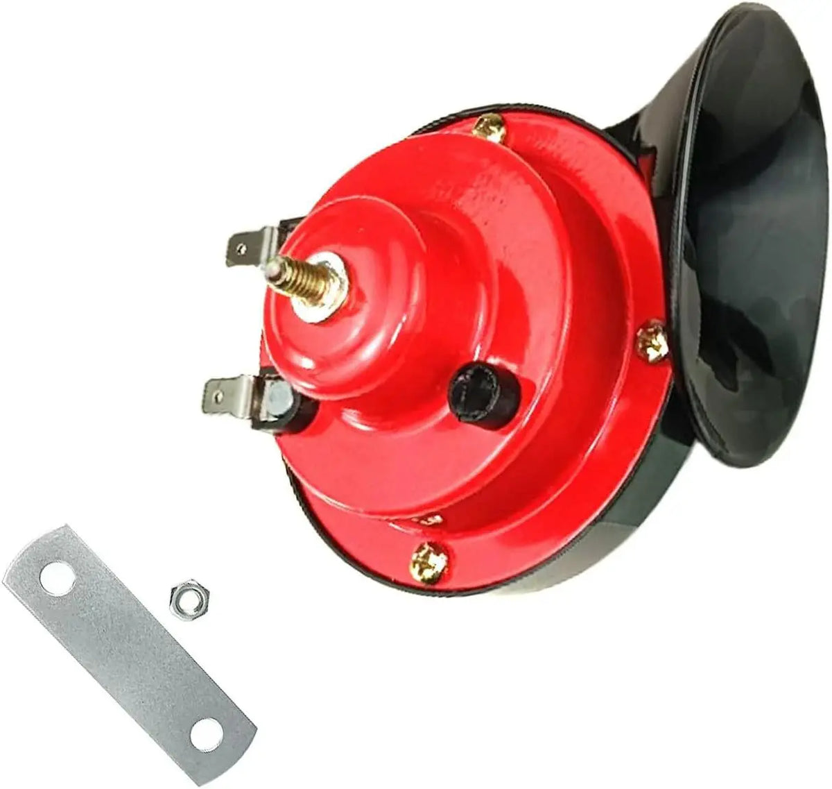 Una bocina automotriz roja con diafragma negro y herrajes de montaje.