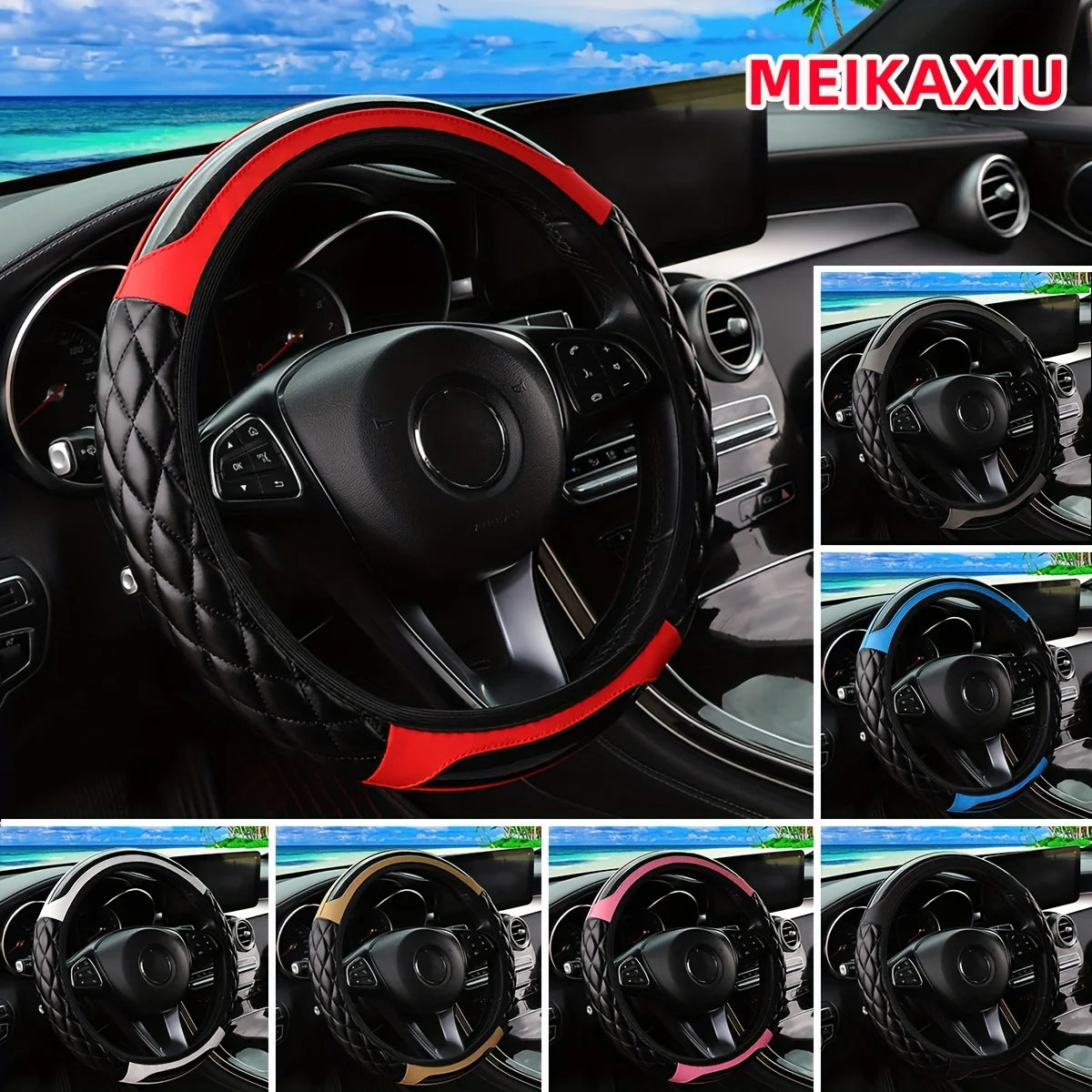 A black crystal carbon fiber steering wheel cover installed in a car interior.