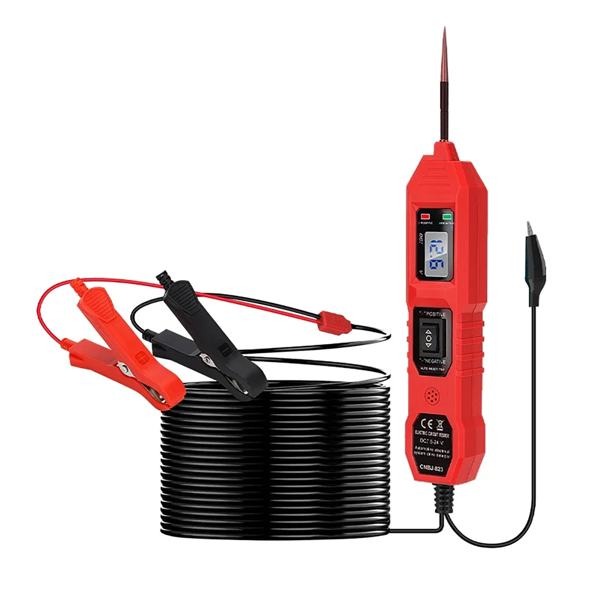 A red automotive voltage circuit tester kit with a probe and cable is shown next to a coil of wire.