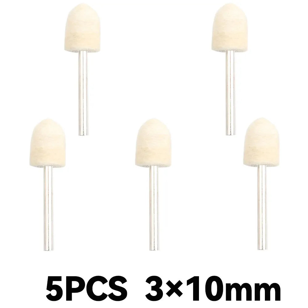 Five natural wool felt polishing buffing wheels with 10mm shafts