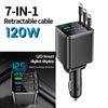A black 7-in-1 retractable car charger with a digital display and multiple output ports.
