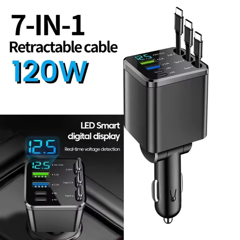 A black 7-in-1 retractable car charger with a digital display and multiple output ports.