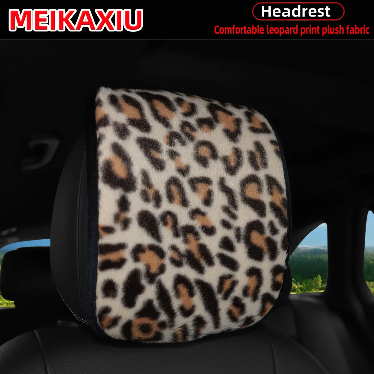A leopard print plush fabric headrest pillow cover for a car seat.
