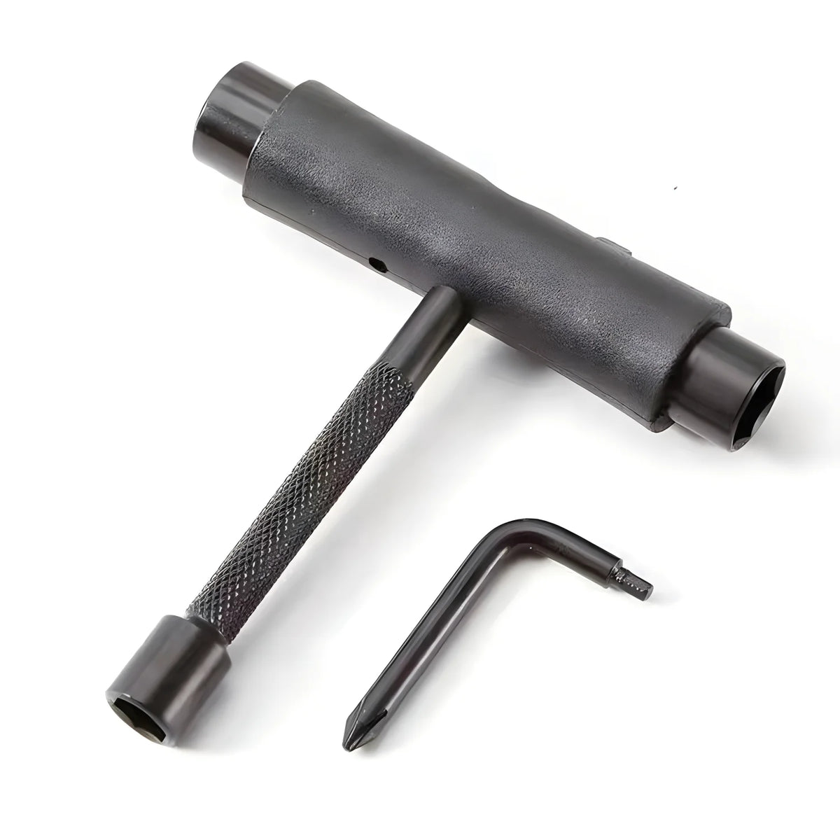 A black multi-tool set consisting of a main body and a separate metal tool.