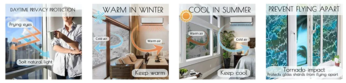 A series of four panels illustrating the features of silver reflective privacy window film, including daytime privacy protect