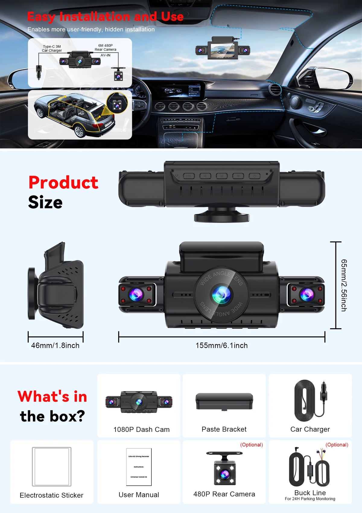 A black 4-channel WiFi dash cam is shown with its components, including a paste bracket and charger, for car monitoring.