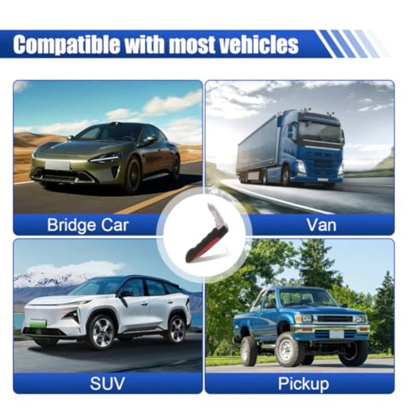 A set of three car door assist handles shown in context with a Bridge Car, Van, SUV, and Pickup truck.